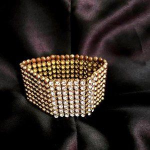 VINTAGE 8 ROW RHINESTONE GOLD METAL TONE BEADED STRETCHY BRACELET